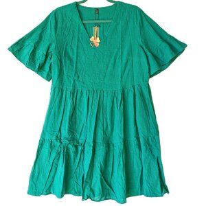 FANCYINN Shift Dress Pockets Bell Sleeve Ruffle Dress Green Womens Sz L Peasant
